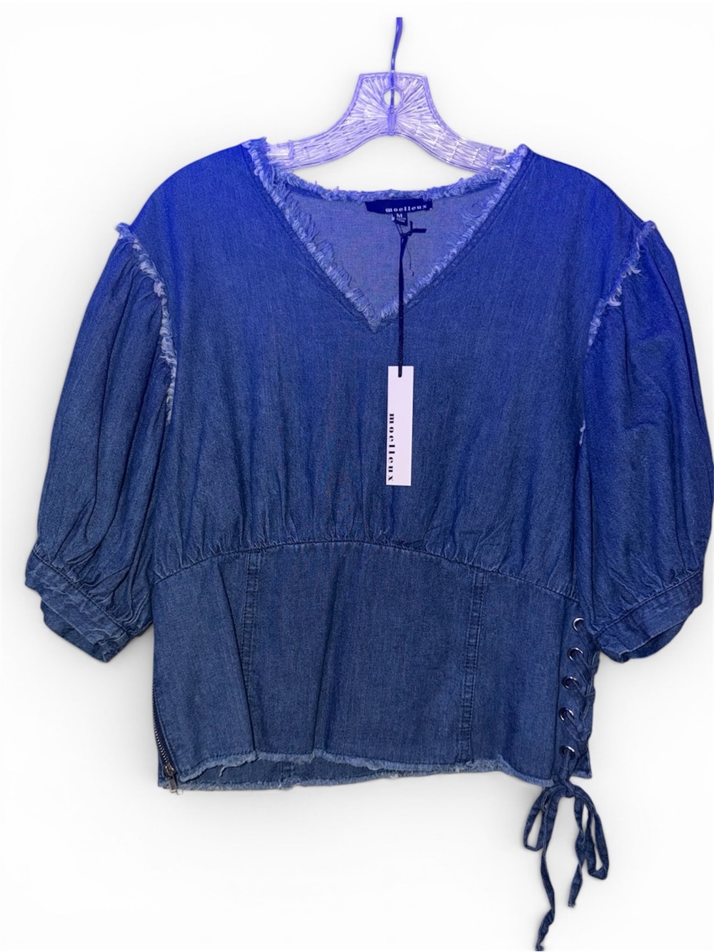 Madewell Indigo Denim V-Neck Puff Sleeve Blouse
